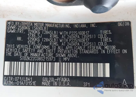 2008 Toyota Sienna Xle из США, поврежденный, VIN 5TDZK22C08S215973